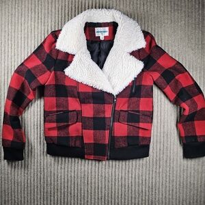 Pim + Larkin Red buffalo plaid bomber jacket Sherpa Collar Women's Small